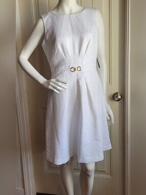 NWT White Sleeveless A-Line Dress with Gold Ring Detail 8